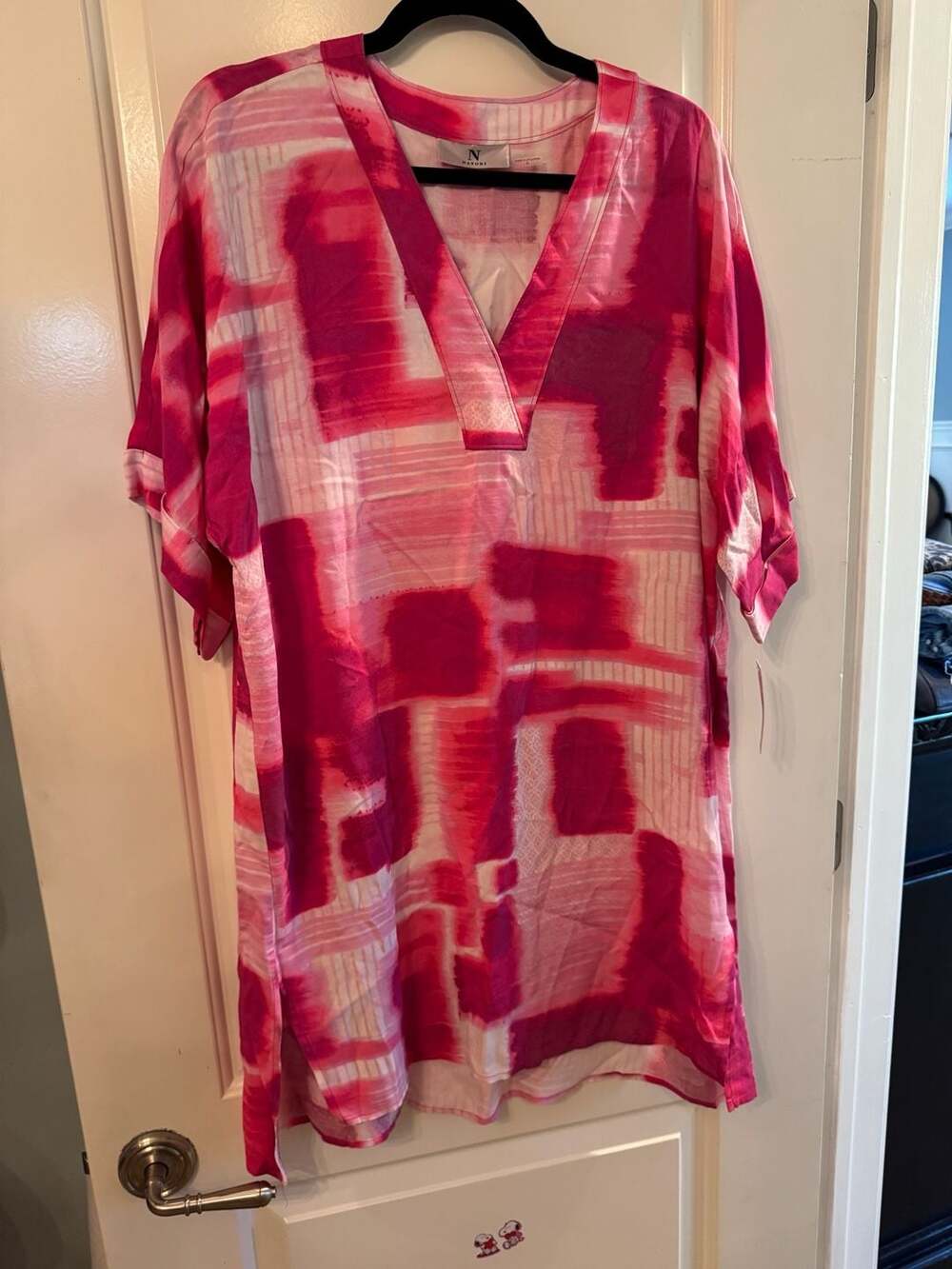 N Natori PC2007 Kasuri Tunic Size M Pink White Rayon Dress Sleepwear